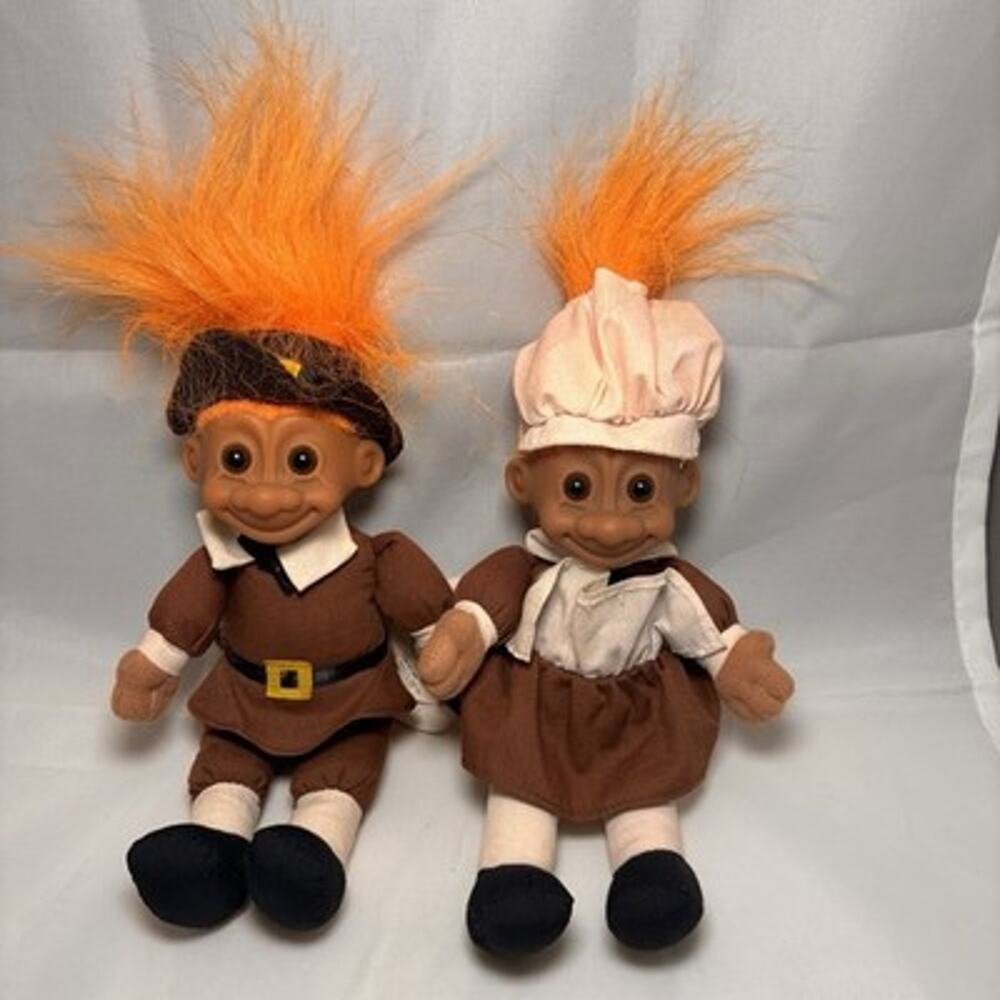 Russ Troll Pilgrim Dolls Pair Thanksgiving Vintage 8” Orange Hair New With Tags
